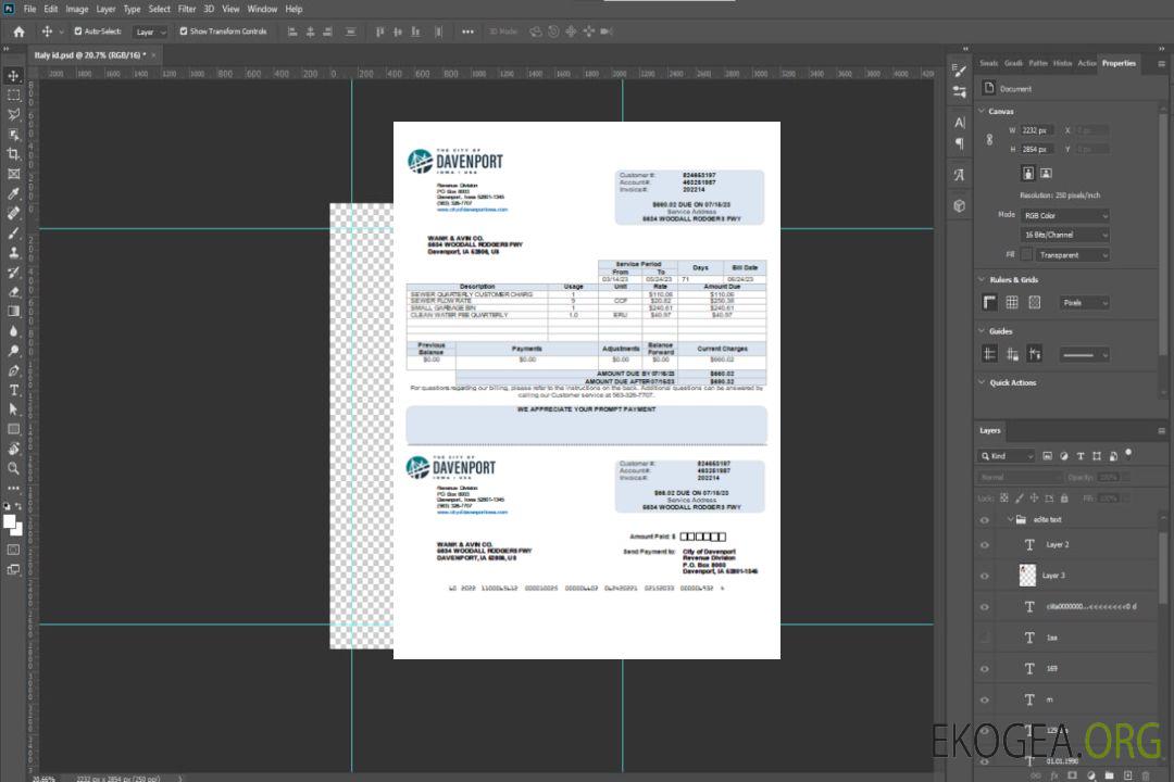 Facture commerciale de services publics de la ville de Davenport de l'Iowa, modèle Word et PDF scr template